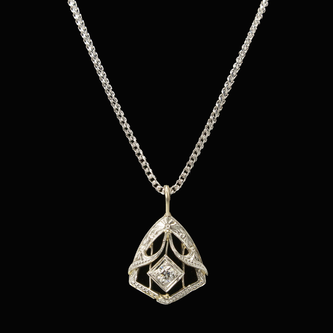 White Gold and Diamond Art Deco Shield Shaped Necklace