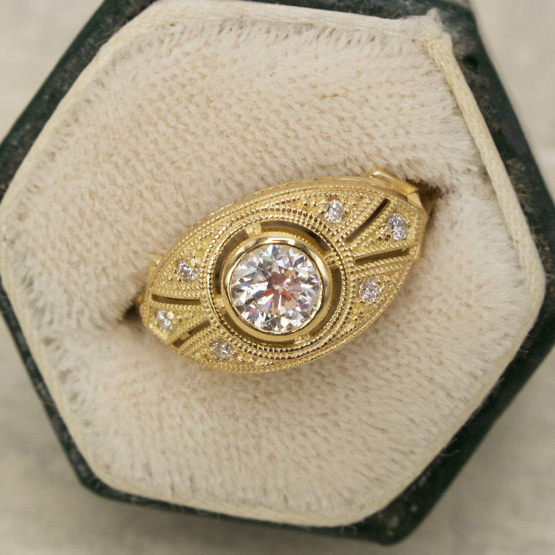 18K Yellow Gold Almond Shaped Art Deco Style Ring with 0.52 Carat Bezel Set Diamond