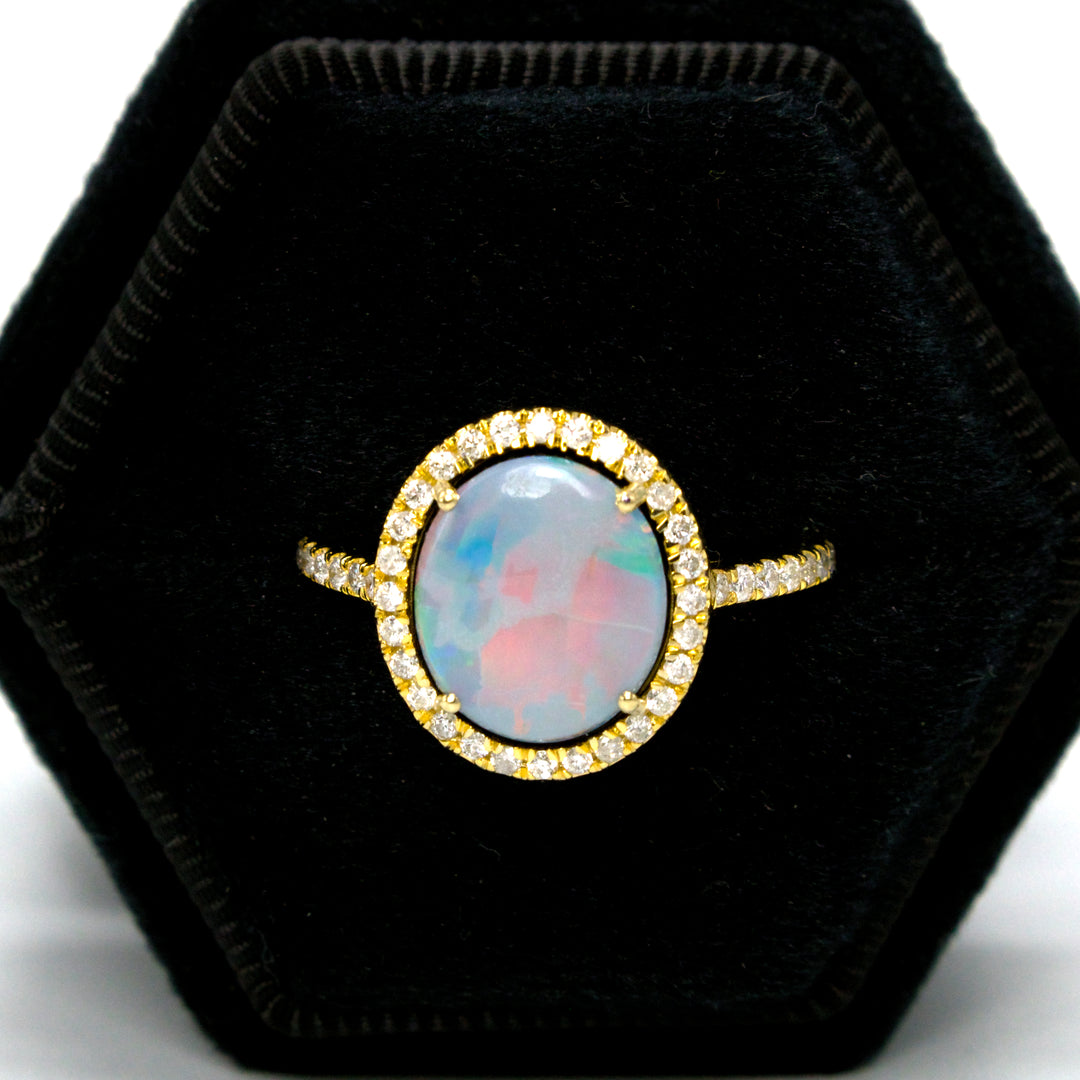 14K Yellow Gold Opal Doublet Ring with Diamond Halo