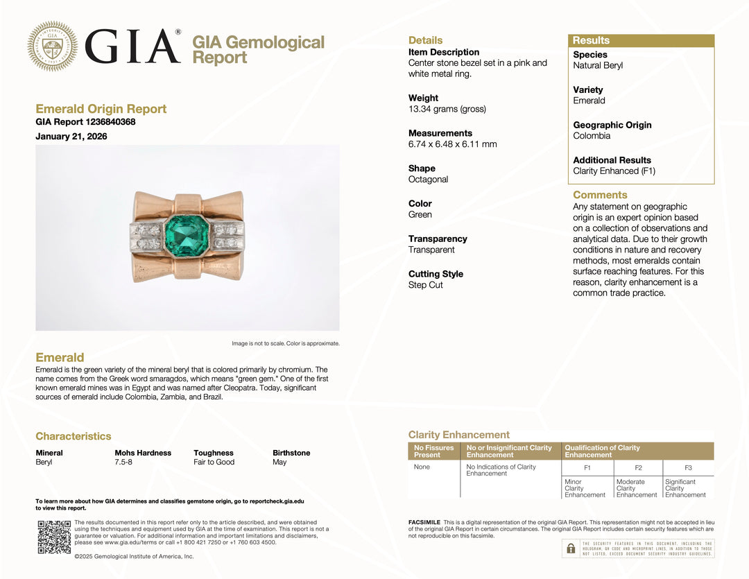 Rose Gold and Platinum Retro Tank Ring with 2.36 Carat GIA Natural Colombian Emerald and Accent Diamonds