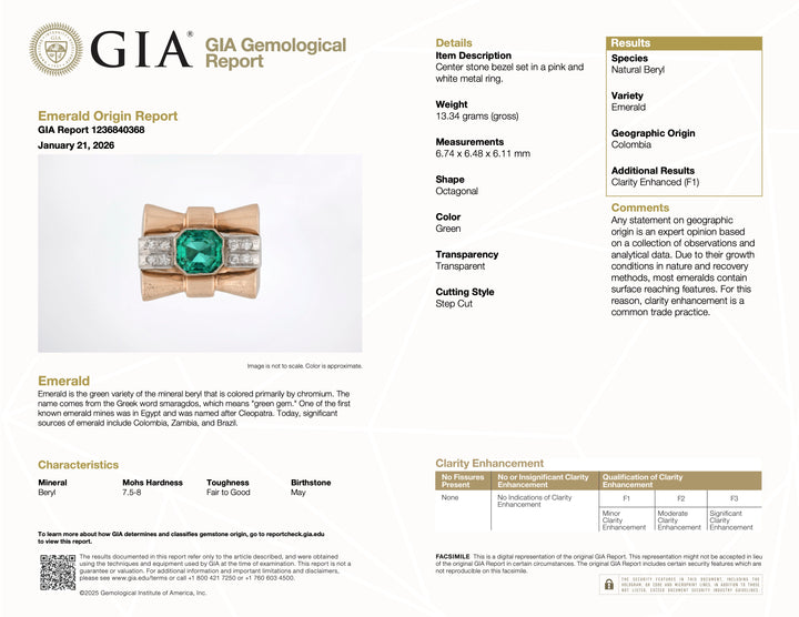 Rose Gold and Platinum Retro Tank Ring with 2.36 Carat GIA Natural Colombian Emerald and Accent Diamonds