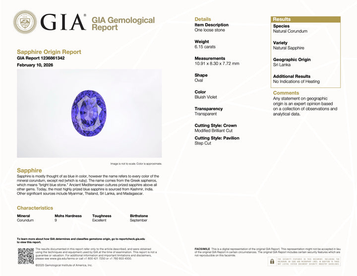 6.15 Carat GIA® Oval Bluish Violet Unheated Sri Lankan (Ceylon) Sapphire