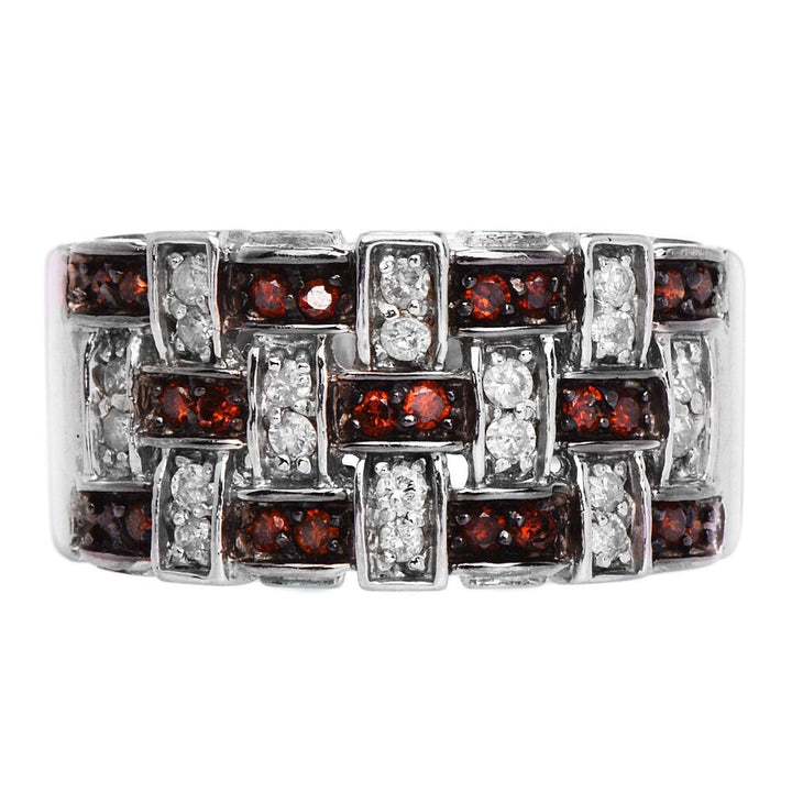 14K White Gold Weave Design Ring with White and Orange-Brown Diamonds