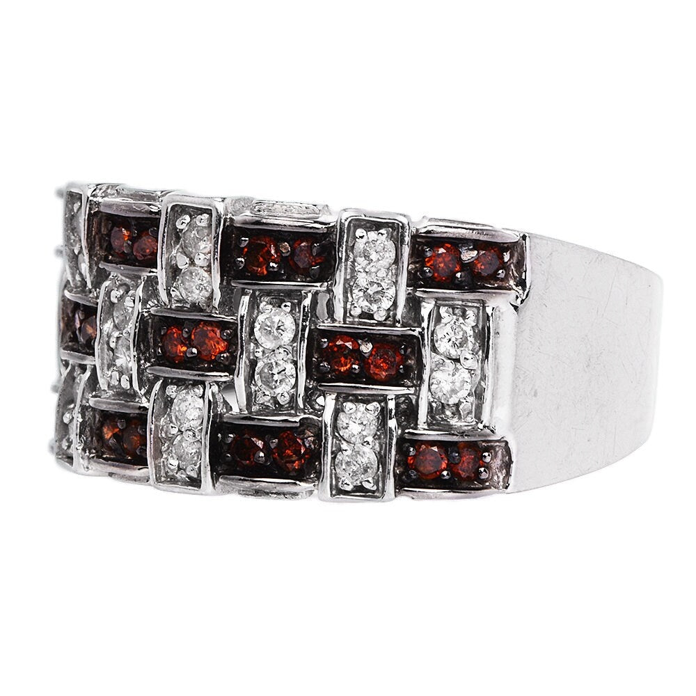 14K White Gold Weave Design Ring with White and Orange-Brown Diamonds