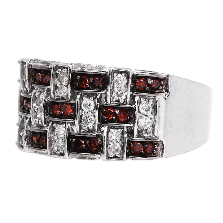 14K White Gold Weave Design Ring with White and Orange-Brown Diamonds