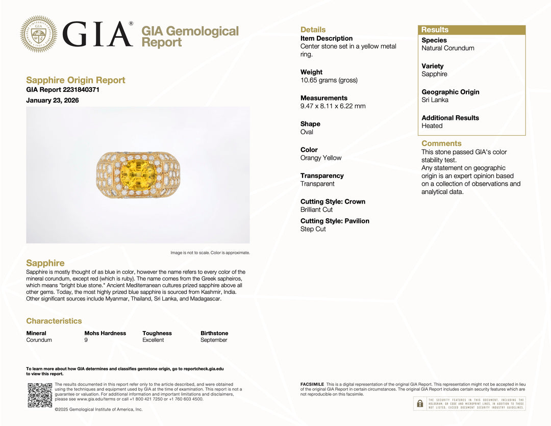 Estate Hammerman Bros. 18K Gold GIA Natural Yellow Sapphire and Pavé Diamond Ring