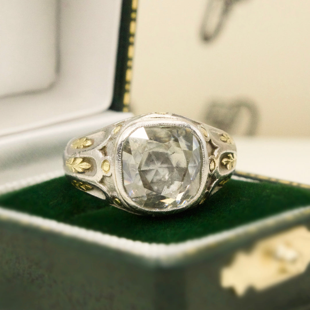 2.32 Carat Cushion Shaped Antique Rose Cut Diamond in Platinum and Yellow Gold