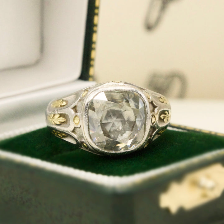 2.32 Carat Cushion Shaped Antique Rose Cut Diamond in Platinum and Yellow Gold