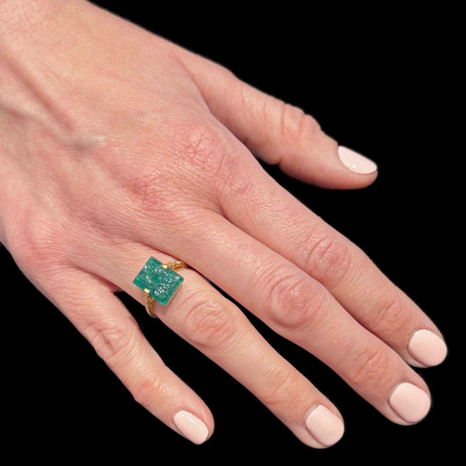 Carved Rectangular Emerald in 18 Karat Gold Ancient Inspired Ring