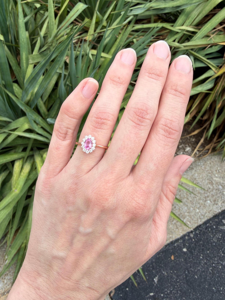 14K Rose Gold Oval Pink Sapphire Halo Solitaire Ring