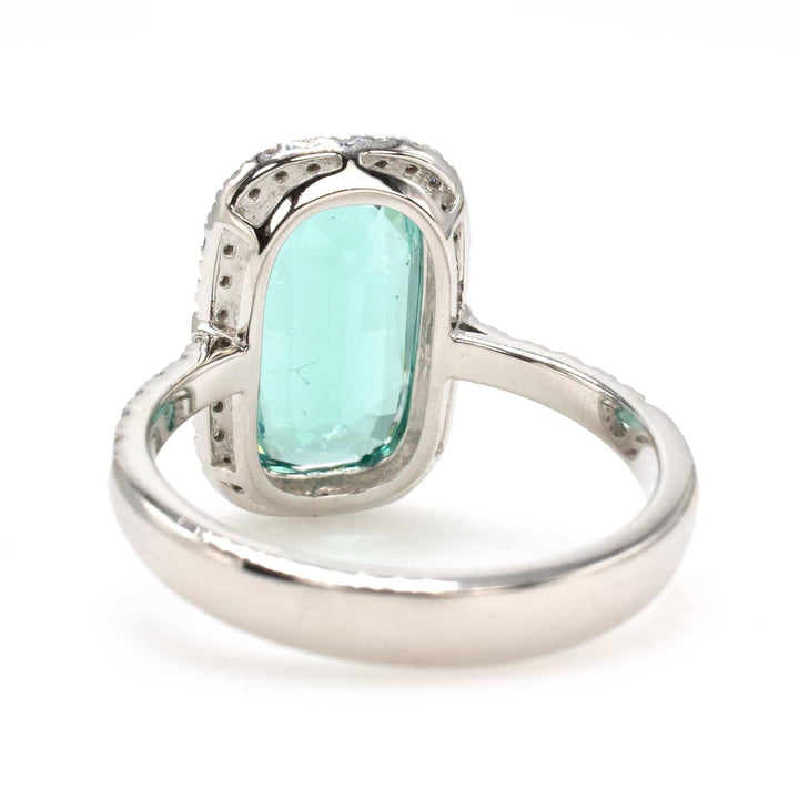 3.59 Carat Elongated Cushion Cut Lagoon Tourmaline Ring with Diamond Halo