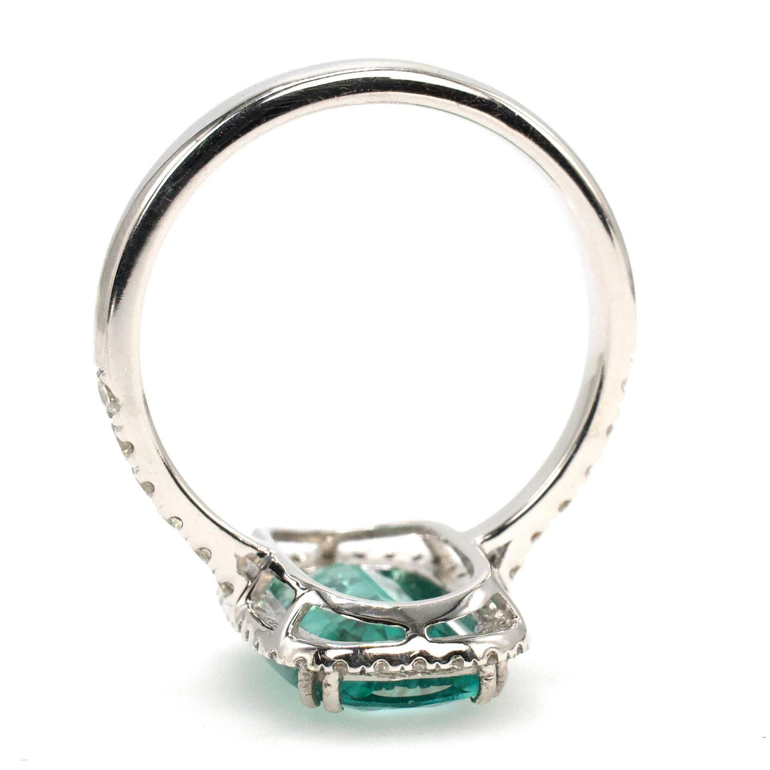 3.59 Carat Elongated Cushion Cut Lagoon Tourmaline Ring with Diamond Halo