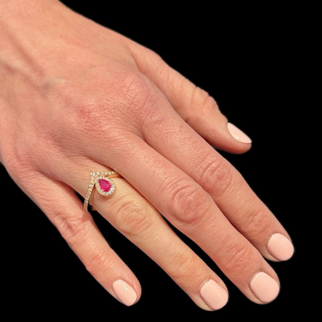 Art Nouveau Style Pear Ruby and Diamond Tiara Style Ring