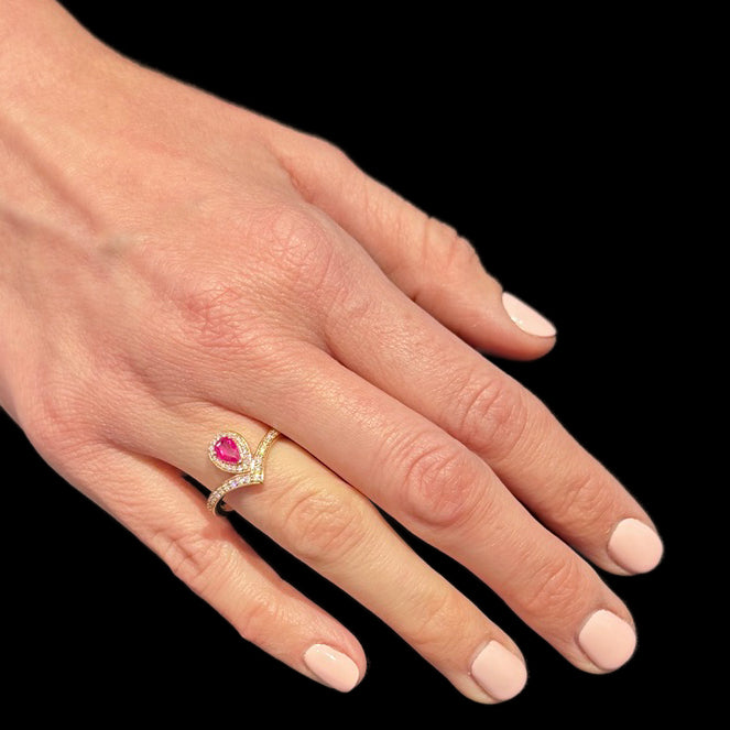 Art Nouveau Style Pear Ruby and Diamond Tiara Style Ring
