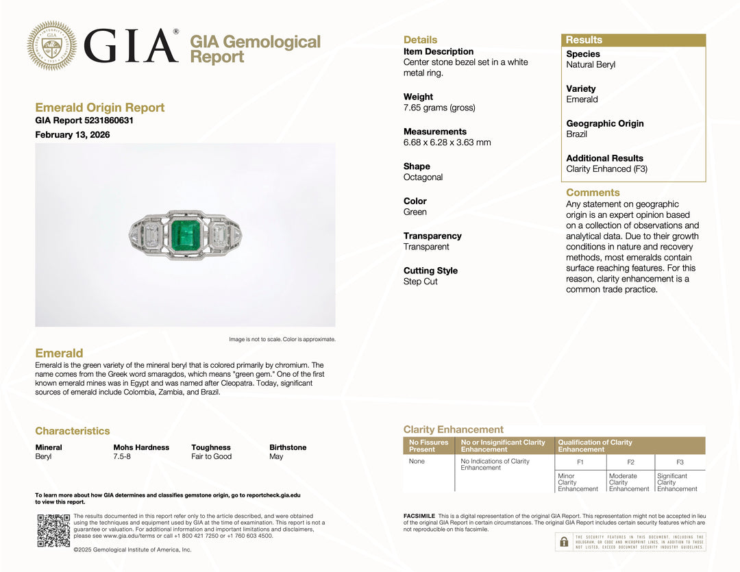 Platinum Art Deco Inspired GIA® Emerald and Diamond Ring with Bullet and Emerald Cut Diamonds