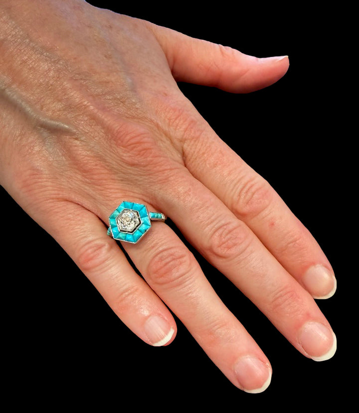 Art Deco Style 0.87 Carat Old European Cut Diamond Ring with Turquoise Halo in Platinum