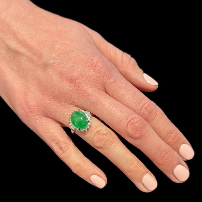 GIA® Oval Fei Cui Jadeite Jade Platinum Ring with Round and Baguette Diamond Halo