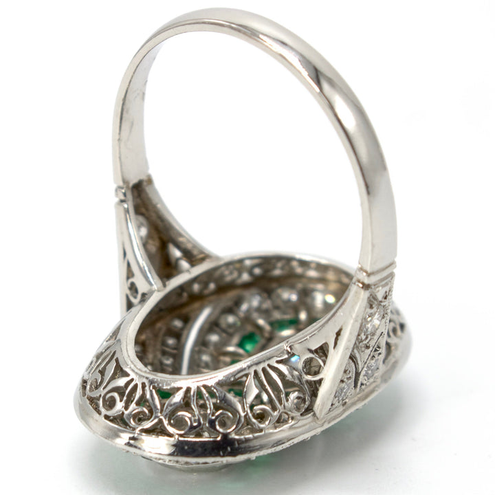 Art Deco Diamond and Emerald Infinity Style Ring in Platinum