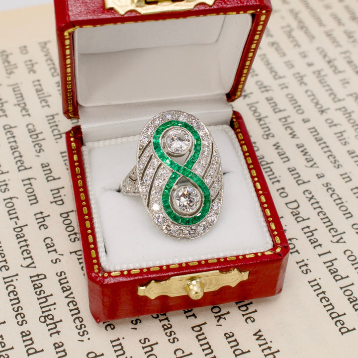 Art Deco Diamond and Emerald Infinity Style Ring in Platinum