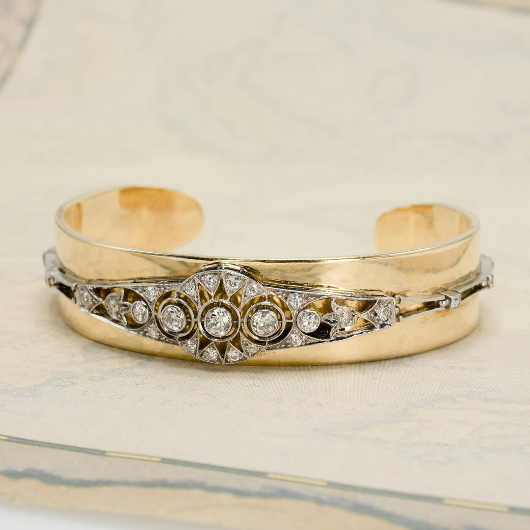 Art Deco Platinum and Diamond Bracelet on Modern Gold Cuff