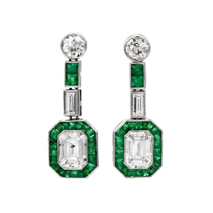 Art Deco Emerald and European Cut Diamond and Emerald Drop Earrings