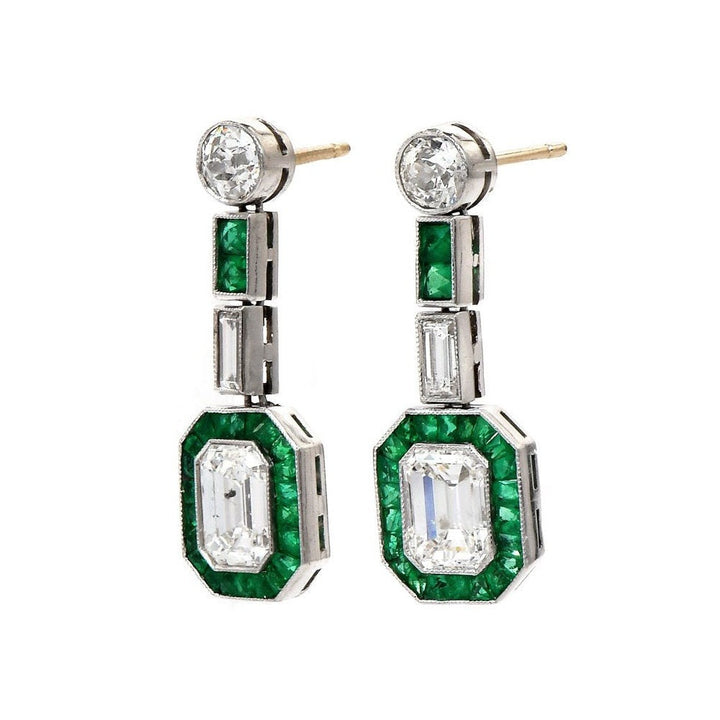 Art Deco Emerald and European Cut Diamond and Emerald Drop Earrings