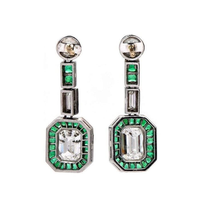 Art Deco Emerald and European Cut Diamond and Emerald Drop Earrings