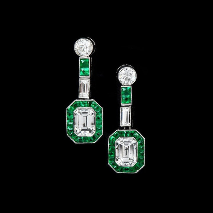 Art Deco Emerald and European Cut Diamond and Emerald Drop Earrings