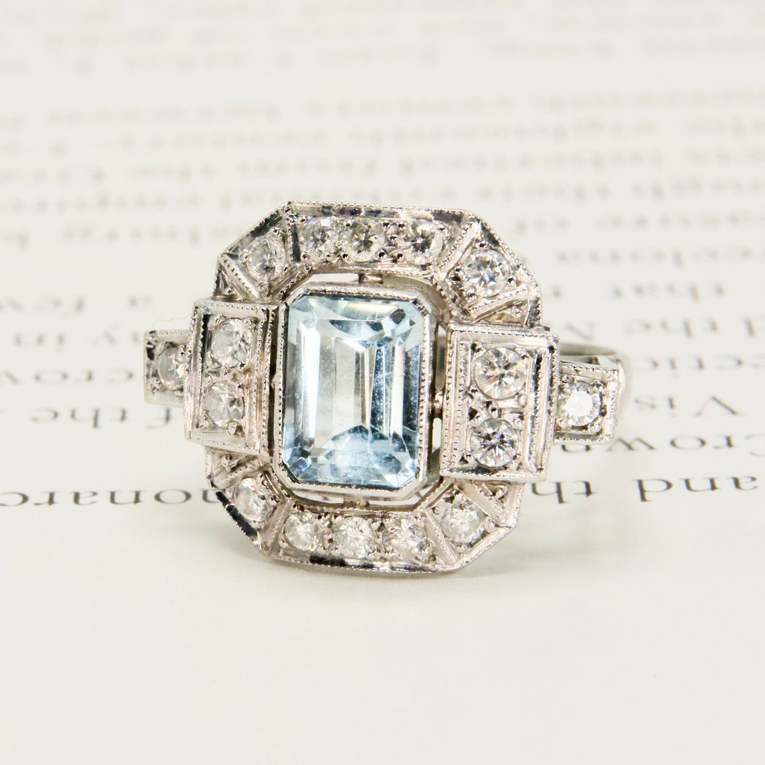 Art Deco Octagonal Platinum Ring with Emerald Cut Aquamarine and Diamonds