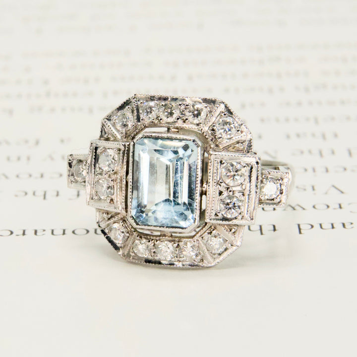 Art Deco Octagonal Platinum Ring with Emerald Cut Aquamarine and Diamonds