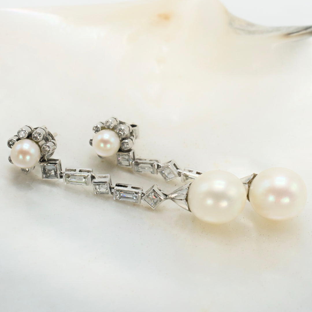 Vintage 18K White Gold Staggered Diamond and Pearl Drop Earrings