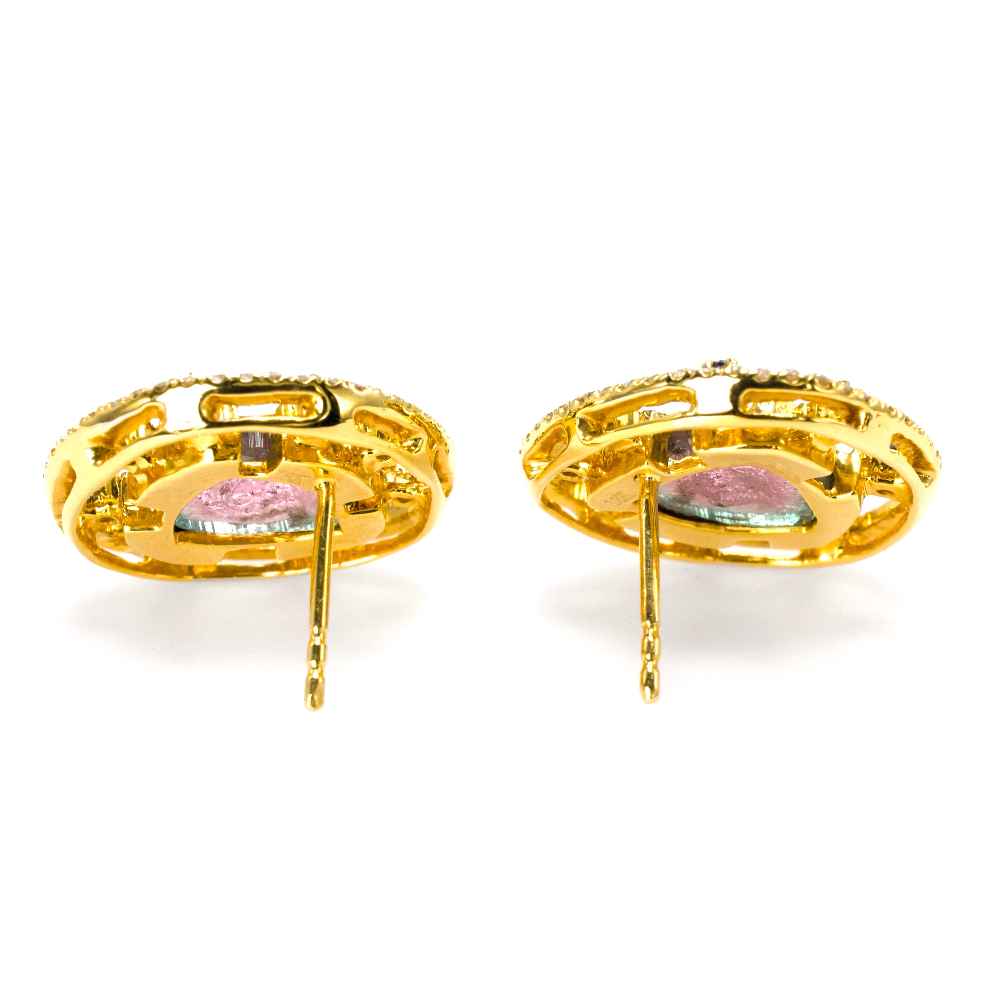 Large 18K Gold Watermelon Tourmaline Slice Earrings with