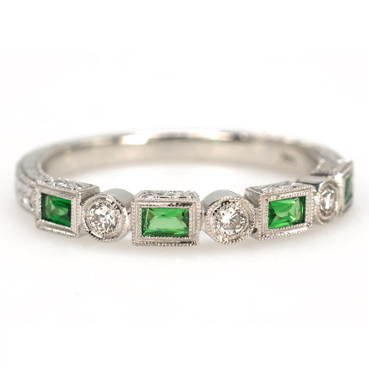 White Gold Round Diamond and Tsavorite Garnet Baguette Wedding Band