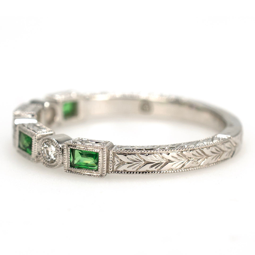 White Gold Round Diamond and Tsavorite Garnet Baguette Wedding Band