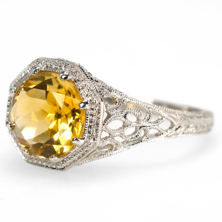 14K White Gold Filigree Ring with Large 1.60 Carat Orange Citrine