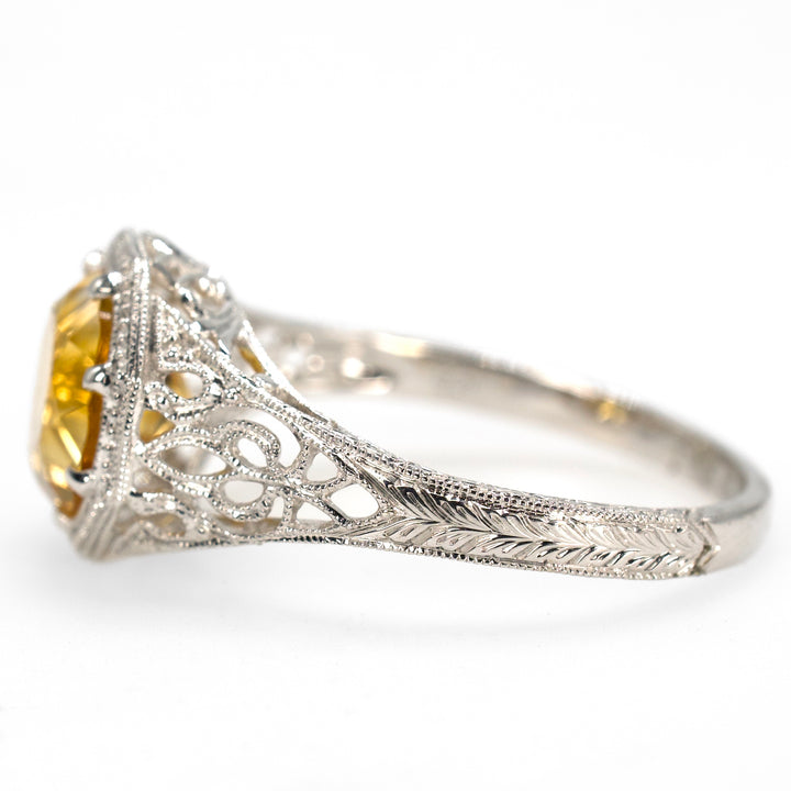 14K White Gold Filigree Ring with Large 1.60 Carat Orange Citrine