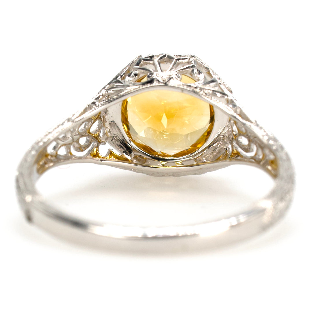 14K White Gold Filigree Ring with Large 1.60 Carat Orange Citrine