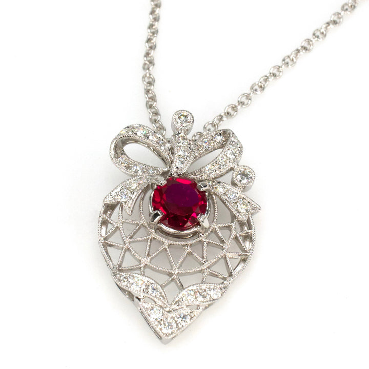 Antique Style White Gold, Ruby, and Diamond Heart Shaped Filigree Pendant Necklace