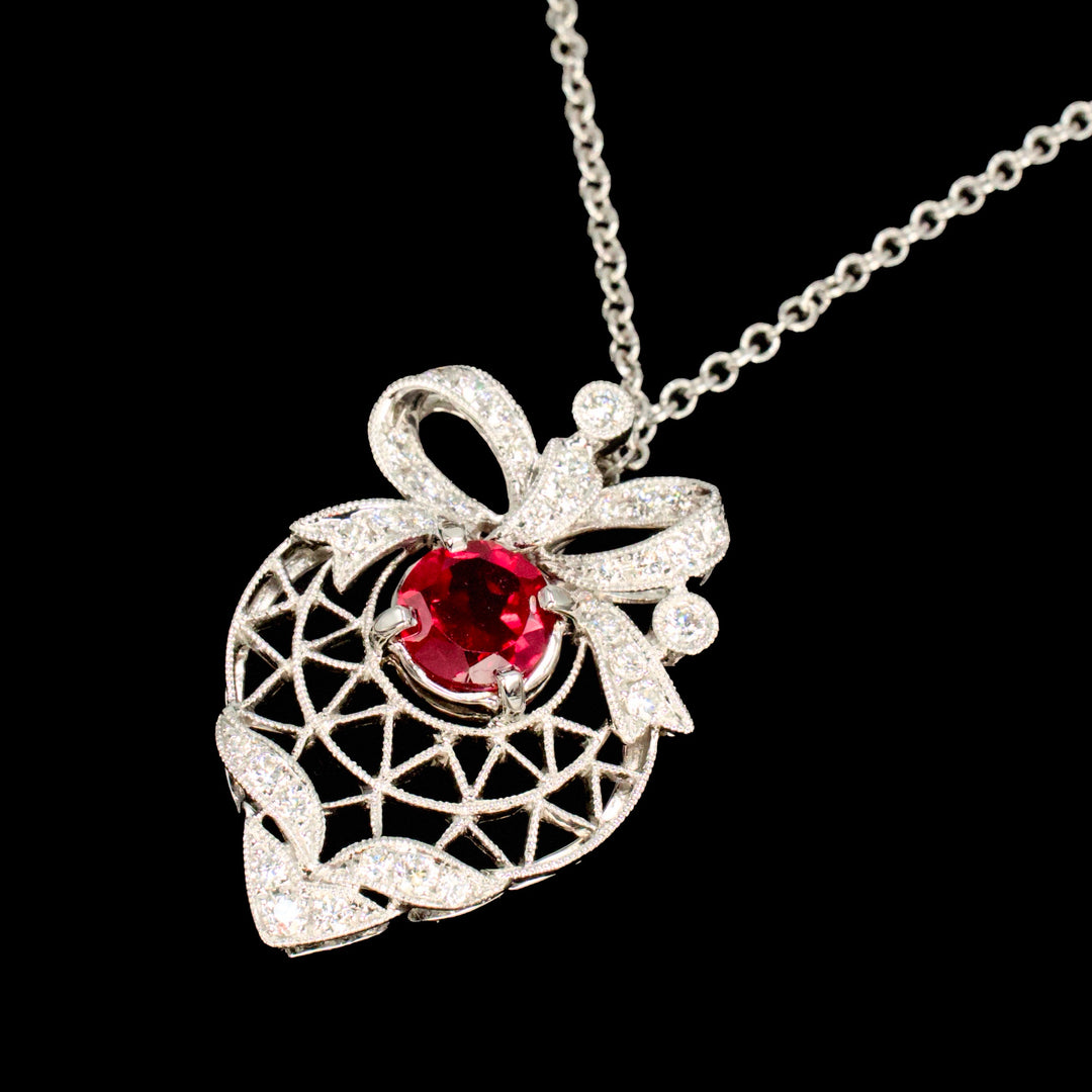 Antique Style White Gold, Ruby, and Diamond Heart Shaped Filigree Pendant Necklace