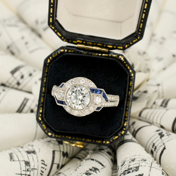 Art Deco Style 1.01ct Diamond Engagement Ring with Geometric French Cut Sapphire Pattern and Filigree