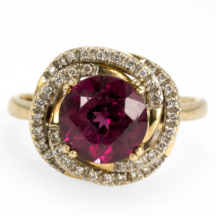 Purplish Red Rhodolite Garnet Ring with Diamond Spiral Surround