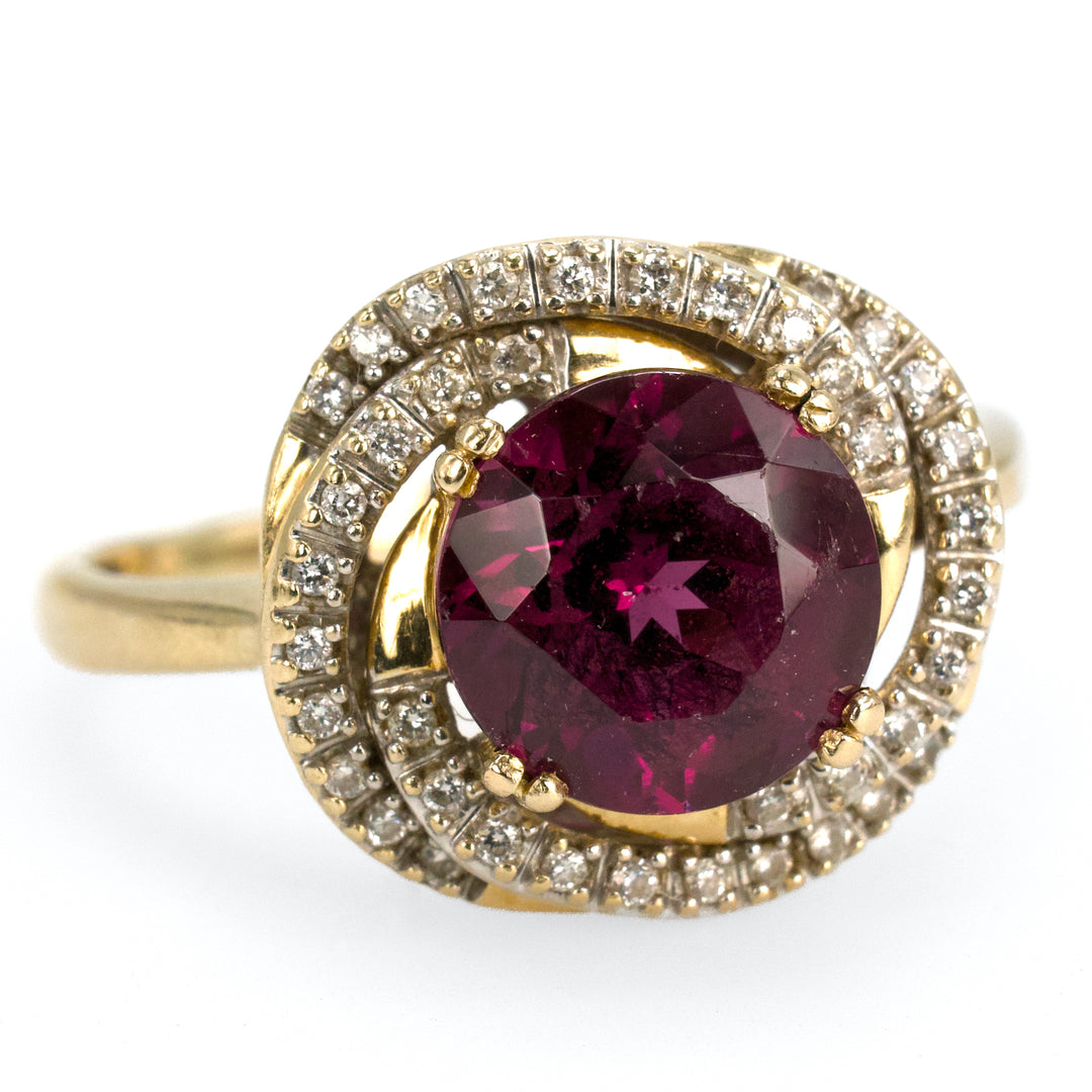 Purplish Red Rhodolite Garnet Ring with Diamond Spiral Surround