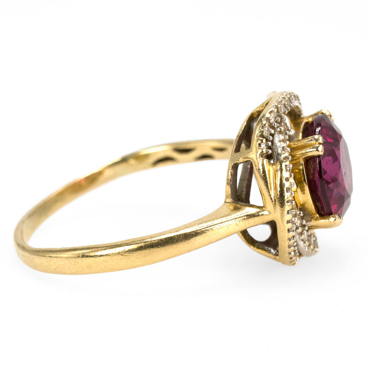 Purplish Red Rhodolite Garnet Ring with Diamond Spiral Surround