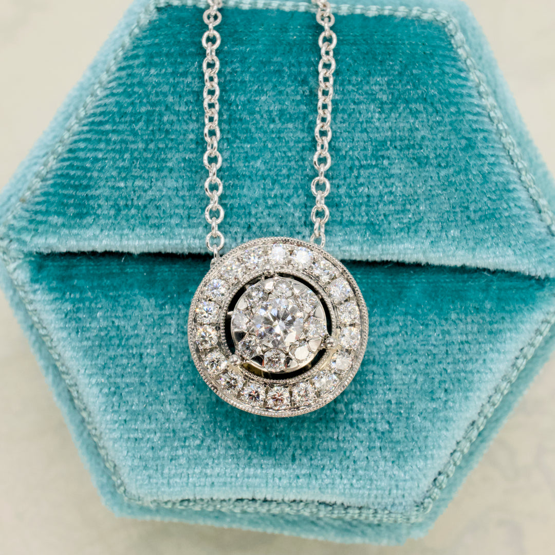 Estate Diamond Halo Disc Pendant Necklace on 18" White Gold Chain