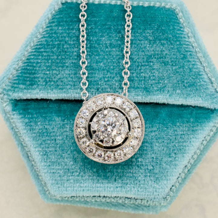 Estate Diamond Halo Disc Pendant Necklace on 18" White Gold Chain