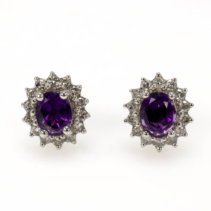 White Gold Oval Amethyst Stud Earrings with Diamond Halo