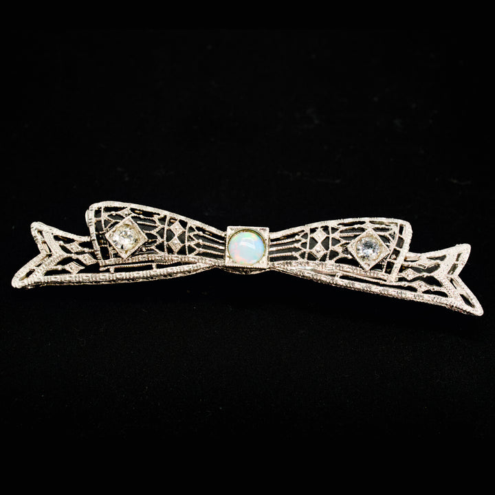 Antique White Gold Opal and Diamond Filigree Bow Pin