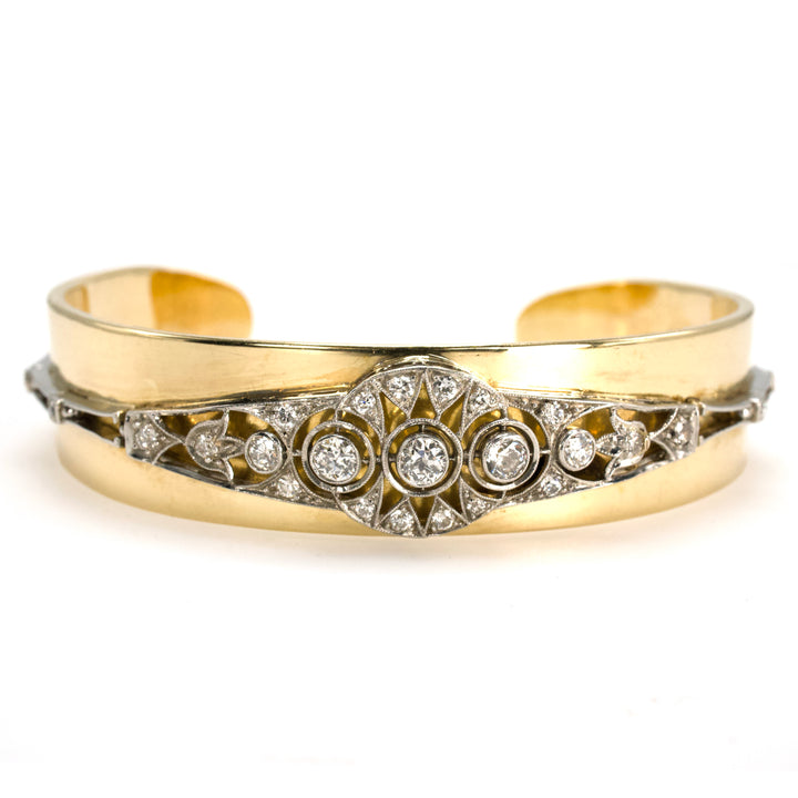 Art Deco Platinum and Diamond Bracelet on Modern Gold Cuff