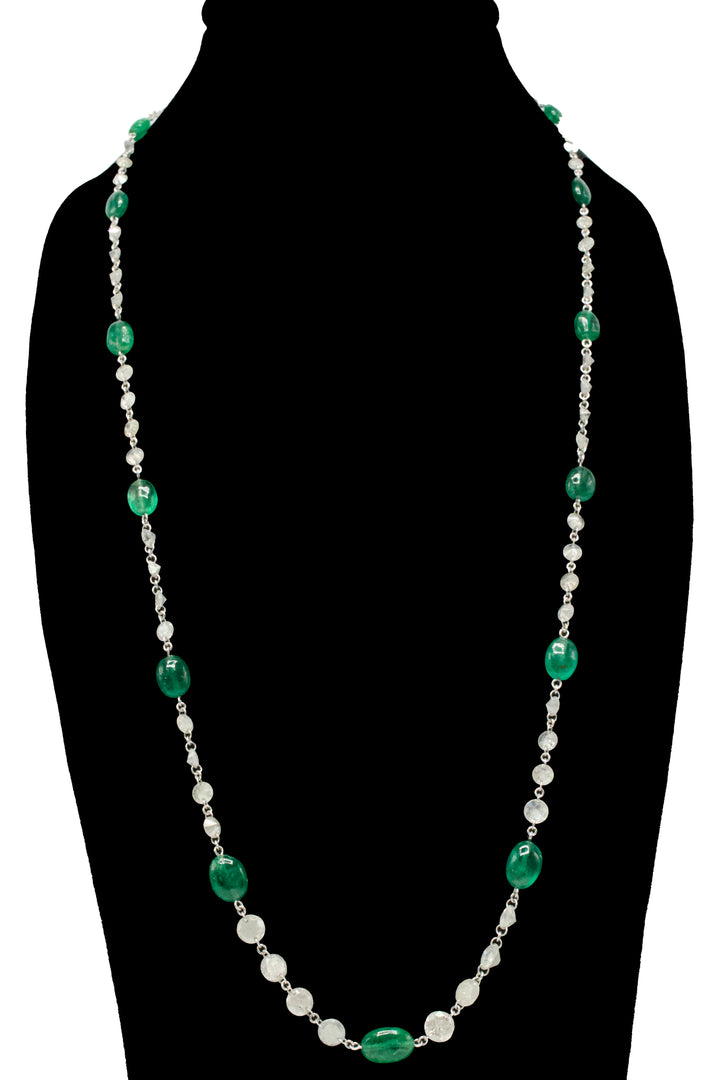 Platinum Drilled Diamond and Cabochon Emerald Necklace