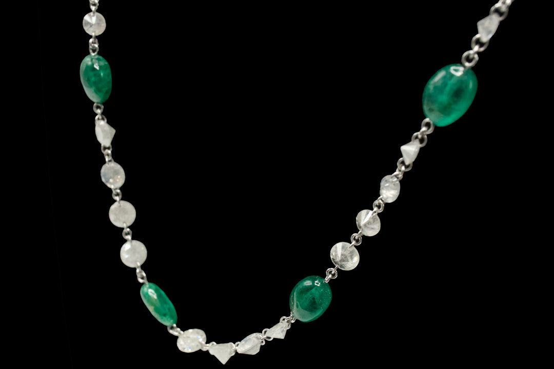 Platinum Drilled Diamond and Cabochon Emerald Necklace